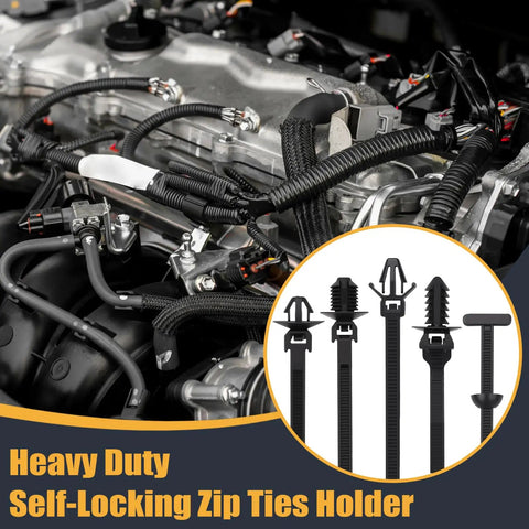 Heavy Duty Nylon Push Mount Cable Zip Ties Kit, 50 Pack, 5 Sizes displayed around car engine cables