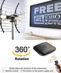 Amplified Digital HDTV Antenna For Attic Or Outdoor Use With 360 Degree Rotation Wireless Remote beside 4K 1080p display