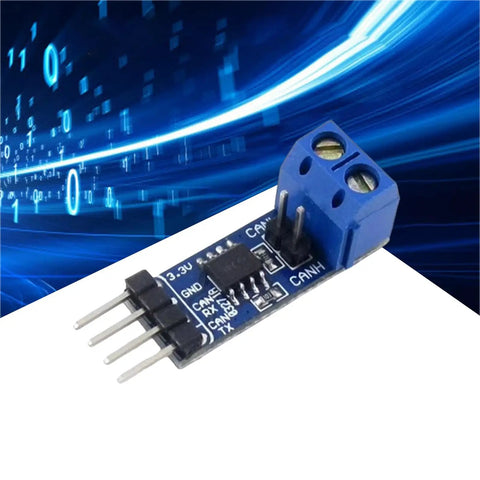 SN65HVD230 Can Bus Transceiver Module runs on 3.3 volts, compact blue PCB, ideal for embedded automotive upgrades.