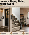 Rock Solid Wall Mount Handrail For One To Three Steps Outdoor Hella Durable Safety Railing in black installed at entryway and stairs.