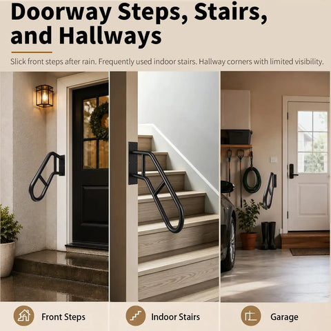 Rock Solid Wall Mount Handrail For One To Three Steps Outdoor Hella Durable Safety Railing in black installed at entryway and stairs.