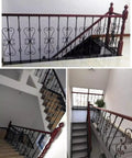 Top Shelf Kick Ass Wrought Iron Railing Posts And Diy Staircase Balusters For Outdoor Deck Porch Backyard With Rust Proof Paint And 37 Inch Heavy Duty Metal Banister Spindles on staircase with wooden accents.