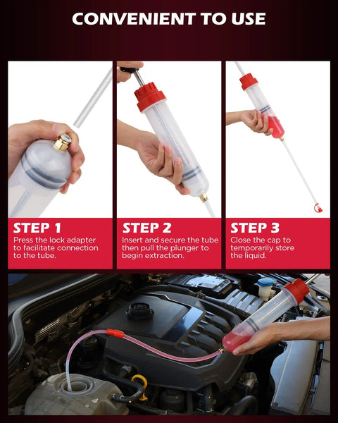 200Cc No Sweat Fluid Extractor Pump With Hella Long Flexible Silicone Hose and Twin Extension Tubes in use for liquid extraction.