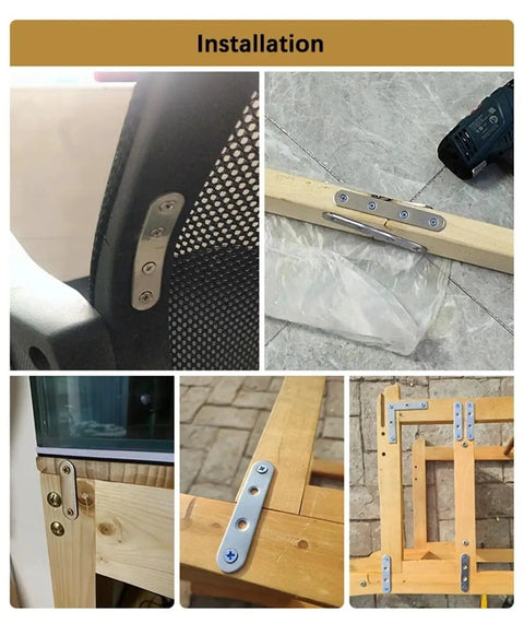 80 Piece Stainless Steel Flat Plate Brackets on chair, wood frames, and installations showing flush mount mending plates for support.
