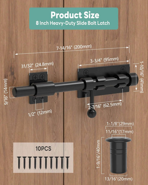 304 Stainless Steel Slide Bolt Gate Latch 8 Inch Sliding Barrel Bolt Door Lock installed on wooden door, with screws and canister shown.