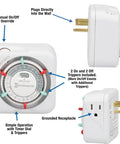 Heavy Duty 24 Hour Indoor Mechanical Plug In Timer With Easy Manual Override And Customizable Scheduling, side and front views