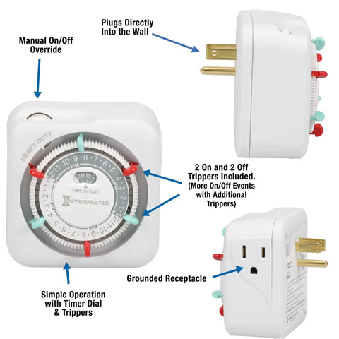 Heavy Duty 24 Hour Indoor Mechanical Plug In Timer With Easy Manual Override And Customizable Scheduling, side and front views