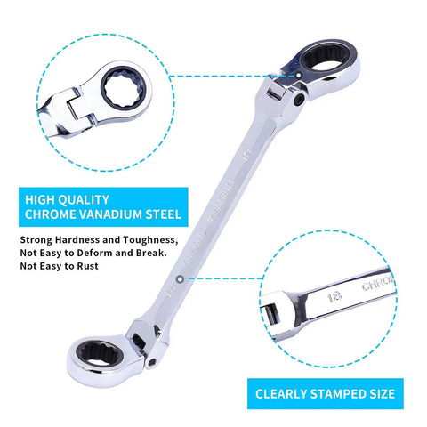 Six Piece Metric Ratchet Wrench Set With Double Box End Flex Heads, 72-Tooth Gear, chrome-vanadium steel, close-up view