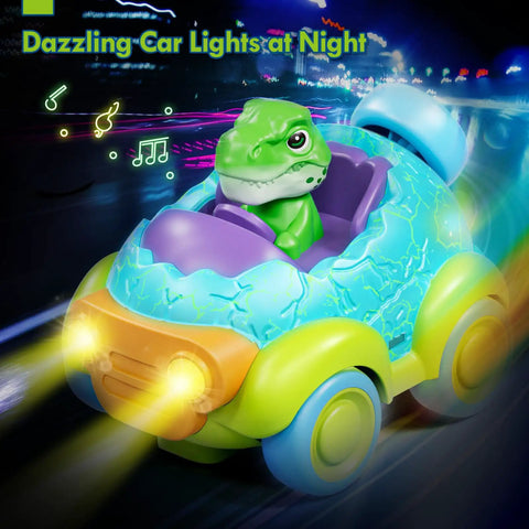 Dino RC Car For Toddlers Tot Friendly With Lights And Music on road with glowing headlights and dinosaur figure in seat
