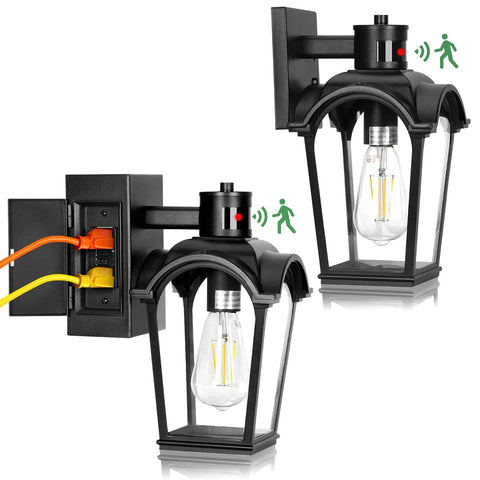 Two Pack Porch Lights With GFCI Outlet, Dusk To Dawn Outdoor Wall Lights with motion sensor, bulbs visible, waterproof anti rust exterior.