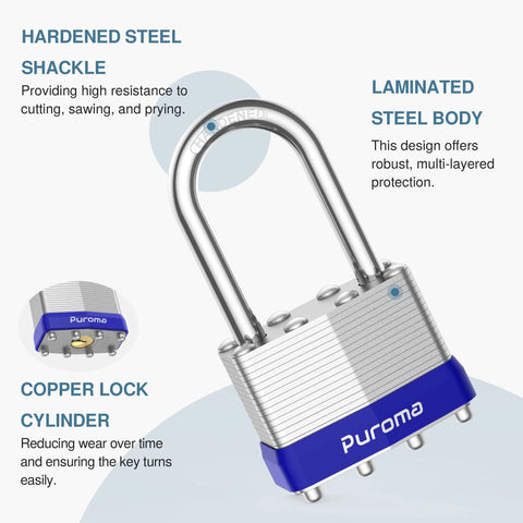 Three Pack One And A Half Inch Shackle Heavy Duty Padlocks With 40mm Hardened Steel Bodies Keyed Alike With Six Keys 22 Layer Hardened Steel Laminate And Eight Rivets Corrosion Resistant And Smash Proof For Sheds Gates Fences Toolboxes Outdoor Indoor Use showing main features