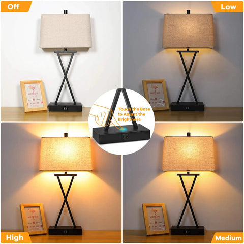 Set Of 2 Touch Control 3-Way Dimmable Table Lamps With USB Ports And Fabric Shade, cream lamps showing dimming levels.