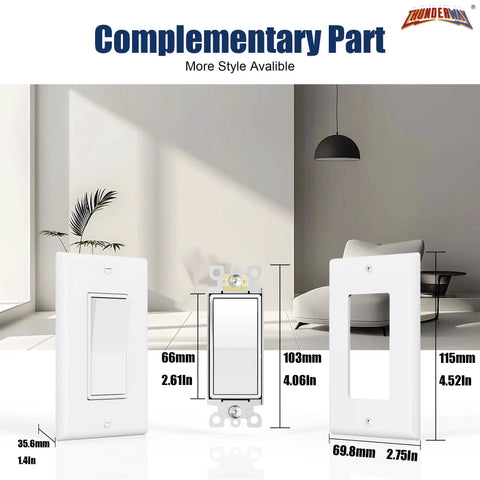 Single Pole Decorator Wall Switch with Wall Plate, 15A 120V 277V, white finish, glossy polycarbonate, three views shown