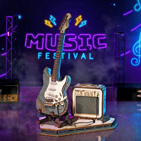 Dope Detailed One Eighth Scale Electric Guitar 3D Puzzle Kit For Adults Wooden Craft Model With Amplifier And Stand Realistic Guitar Replica For Home And Desk Decor Collectible Gift displayed with amplifier and stand
