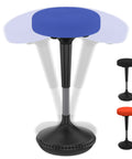 Flexible Standing Desk Stool for Ergonomic Active Sitting, Adjustable Wiggle Chair, black base with blue top, movement illustration.