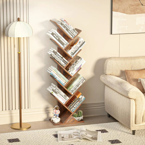 Tree Shaped 10 Tier Floor Standing Wood Bookcase Slim Space Saver For Narrow Rooms Tight Spots And More Holds Books CDs Magazines In Home Office Living Room Brown Finish next to sofa and lamp