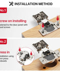 Installation guide for Tough As Nails Soft Close Cabinet Hinges 30 Pack, showcasing screw and press methods.