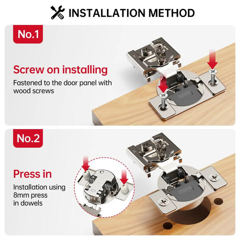 Installation guide for Tough As Nails Soft Close Cabinet Hinges 30 Pack, showcasing screw and press methods.