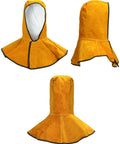 Leather Welding Hood Caps With Neck Drapes And Fireproof Shoe Covers For Welding Safety Boots Head And Foot Protection Gear For Men And Women Pro Grade Spark Proof Heat Resistant Abrasion Resistant in orange leather.
