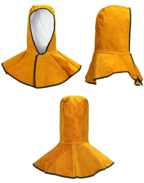 Leather Welding Hood Caps With Neck Drapes And Fireproof Shoe Covers For Welding Safety Boots Head And Foot Protection Gear For Men And Women Pro Grade Spark Proof Heat Resistant Abrasion Resistant in orange leather.