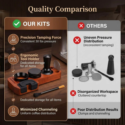 Quality comparison image showing Premium Spring Loaded 51Mm Coffee Espresso Tamper Set Delivering Exact 30 Pound Pressure For Flawless Puck Prep.