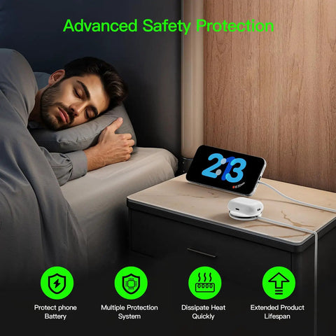 15W MagSafe Charger Magnetic Wireless Pad for iPhone 17 Series on nightstand with digital clock