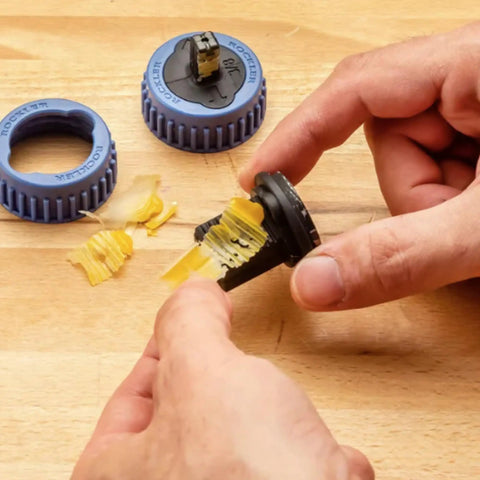 Handy Wood Glue Applicator Tips Featuring Durable Silicone Nozzles And Secure Plastic Collars for box joint assembly in use.