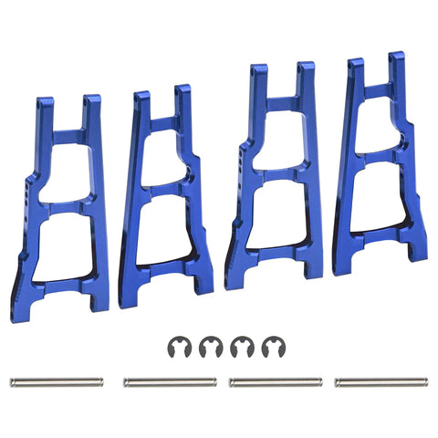 Beefy Aluminum Front And Rear A Arms Suspension Upgrade For Traxxas 1/10 Slash 4x4 4WD Stampede 4x4 RC Car 3655 CNC Machined Replacement Part Blue Heavy Duty Aluminum Alloy showing four blue aluminum A-arms with pins and clips