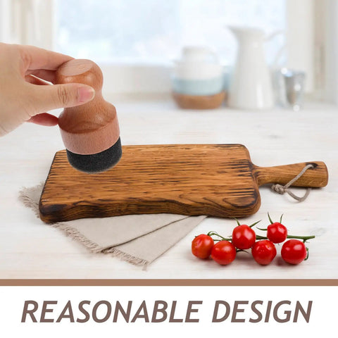 Straight Up Amazing Wooden Cutting Board Oil Brush And Built Tough Wood Wax Applicator Sponge For Quick Kitchen Board Waxing And Long Term Hardwood Sealing Care, shown with cutting board and cherry tomatoes.