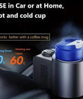 Portable Car Cup Warmer Cooler Duo That Really Hits Different quick heating and cooling with a blue cup in a car console.