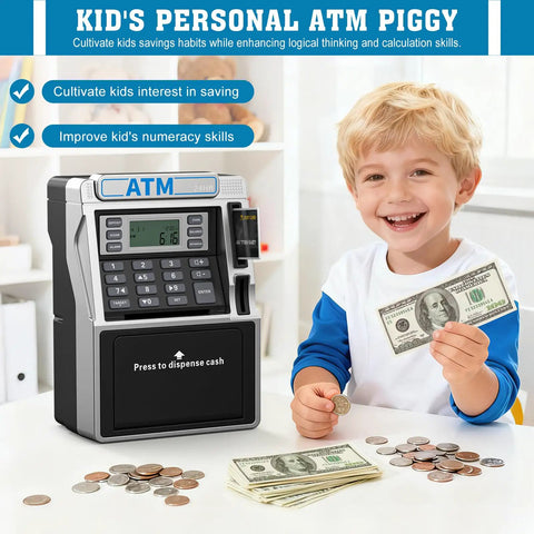Boy using Rechargeable Kids ATM Bank With Real Money Safe Debit Card Access Coin Recognition Bill Feeder Balance Calculator