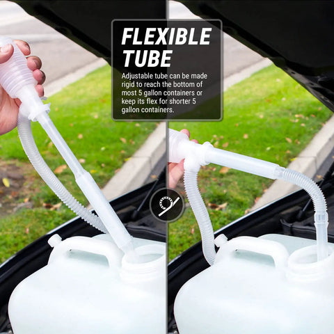 Heavy Duty Manual Siphon Hand Pump For Water And Fuel Transfer Featuring Flexible Hose in use with 5 gallon container.