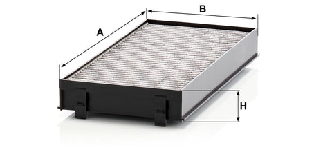 Cabin Air Filter 64 31 6 945 586 Exact Fit For Cars With Pollen Dust And Gas Filtration, rectangular design with measurements