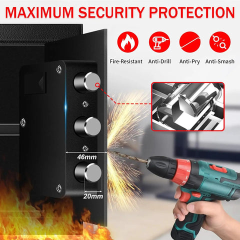 Close-up of compact 1.3 cu ft fire safe with digital keypad showing anti-theft features against drilling and fire protection.