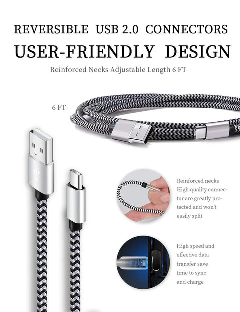 Teeind USB-C braided charging cable, 6 ft, USB-A to USB-C, black/white pattern, 3A fast charging