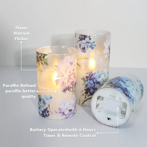 Blue Violet Hydrangea Flameless Candles Set With LED Flicker And Remote Dim, Battery Operated Wax Candles for decor