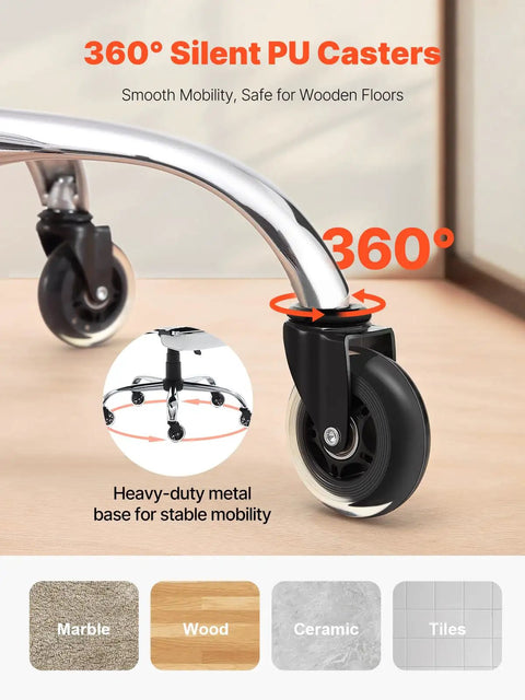 Close-up of 360° silent PU casters and heavy-duty metal base of Reclining Office Chair With Footrest For Big And Tall Pros.