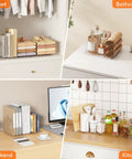 Purse Organizer For Closet Clear Handbag Storage Organizer with adjustable dividers in closet, bathroom utensils, bookend and kitchen setup.