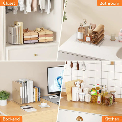 Purse Organizer For Closet Clear Handbag Storage Organizer with adjustable dividers in closet, bathroom utensils, bookend and kitchen setup.