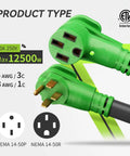 Extra Heavy Duty 50 Amp RV Extension Cord 25 Foot Length Featuring Hella Tough Build And Badass UV Resistant Design For Fifth Wheel Camper And Electric Vehicle Power Needs, showing plugs and specifications.