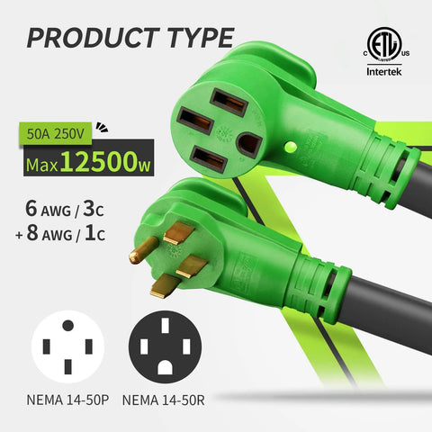 Extra Heavy Duty 50 Amp RV Extension Cord 25 Foot Length Featuring Hella Tough Build And Badass UV Resistant Design For Fifth Wheel Camper And Electric Vehicle Power Needs, showing plugs and specifications.
