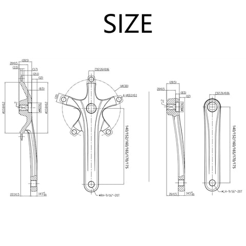 Technical diagram of Beefy Universal Bike Crank Arm Set With Square Hole Crankset 140mm-175mm lengths, 130mm BCD.