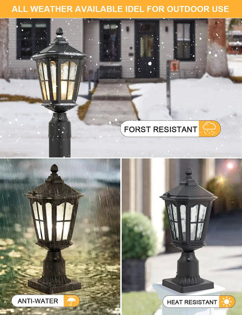 Solar Post Light With 3 Inch Pier Mount Base, Die Cast Aluminum Pillar Lamp With Water Glass in various weather conditions