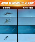 Before and after auto glass repair using DIY Windshield Chip Repair Kit With Suction Cup And UV Curing Light, 2 Pack Auto Glass Repair Kit For Chips And Cracks, Fast Fix For Cars, Easy Home Use, Includes Nano Fluid For Clear Vision, showing repaired chips and cracks.