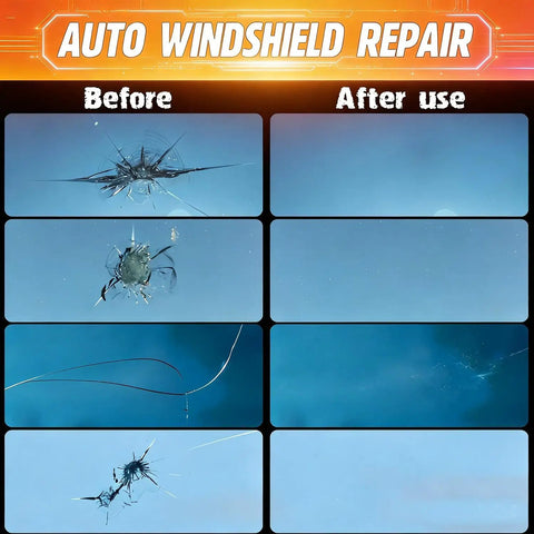 Before and after auto glass repair using DIY Windshield Chip Repair Kit With Suction Cup And UV Curing Light, 2 Pack Auto Glass Repair Kit For Chips And Cracks, Fast Fix For Cars, Easy Home Use, Includes Nano Fluid For Clear Vision, showing repaired chips and cracks.
