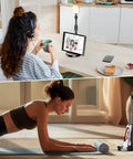 Telescopic Webcam Tripod Desk Mount With Phone Holder on desk and yoga mat, showcasing adjustable height and swivel ball head.