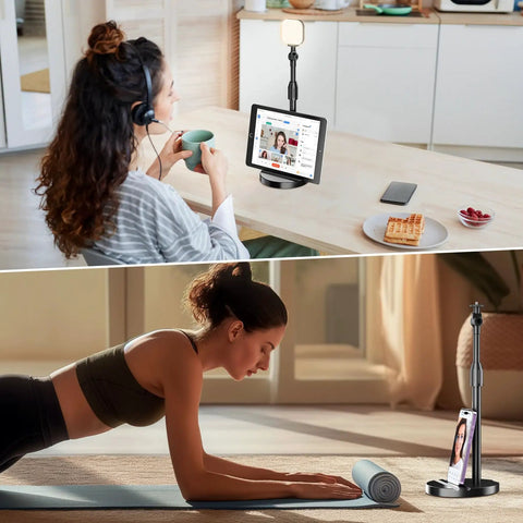 Telescopic Webcam Tripod Desk Mount With Phone Holder on desk and yoga mat, showcasing adjustable height and swivel ball head.