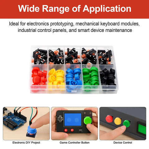 80 Piece Tactile Push Button Switch Kit With 4 Pin Momentary SMD PCB Tact Switches And 5 Color Button Caps in box