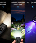Image showing Ultra Flat Stainless Steel EDC Flashlight With 1800 Lumens USB C Rechargeable Pocket Light in various lighting modes.