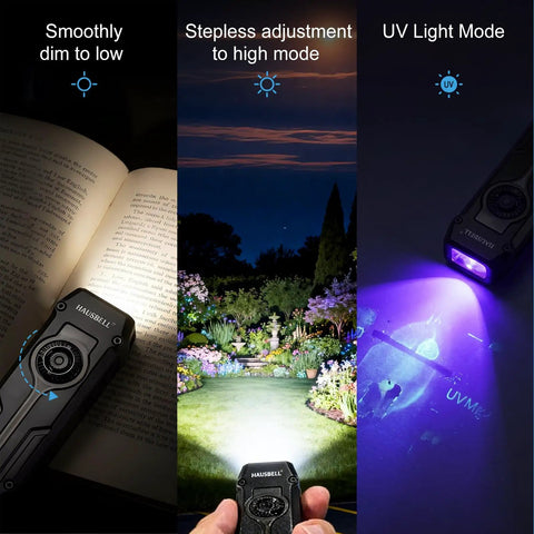 Image showing Ultra Flat Stainless Steel EDC Flashlight With 1800 Lumens USB C Rechargeable Pocket Light in various lighting modes.